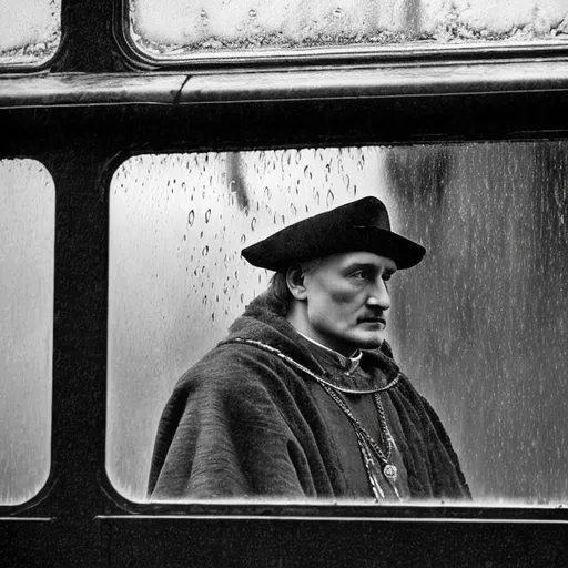 Prompt: Henry VII stares out of a bus window on a rainy day 