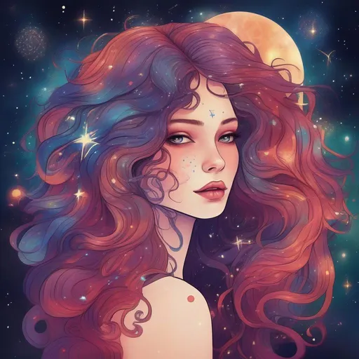 Prompt: Colorful and beautiful Persephone with hair that is made out of the stars and constellations