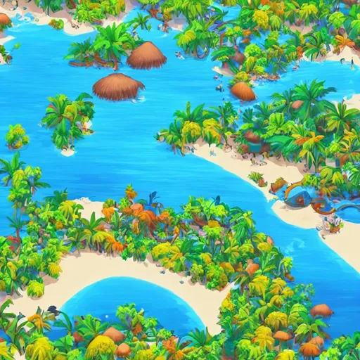 Prompt: In a bird’s eye view of a tropical island in a 2d art style, You are able to see the whole island