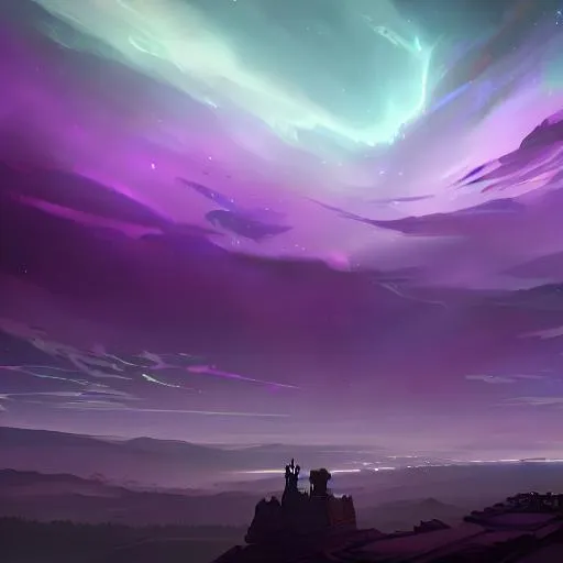 Prompt: Sky with Aurora Borealis, night, moon, dark light, digital painting, 4K, purple
