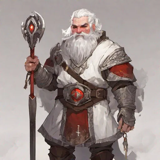 Prompt: Young male dwarf, red eyes, short beard, white hair, smith, cleric, confident, soft smile