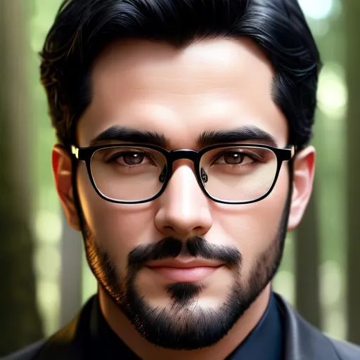 Prompt: Portrait of man with glasses with black hair and with cute face, forest, perfect composition, hyperrealistic, super detailed, 8k, high quality, trending art, trending on artstation, sharp focus, studio photo, intricate details, highly detailed, by greg rutkowski