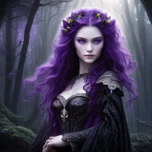 Prompt: Detailed and mystical portrait of a young beautiful witch with ivory clear skin, long purple hair and deep purple eyes. Perfect female anatomy and gorgeous, night light, dramatic, magical, fantasy, 8k, high detailed, dramatic light