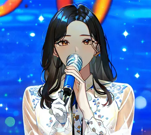 Prompt: Korean Singer, Jeon So-min Singing On-Stage. Both Hands Holding Mic. Transparent White Textured Floral Clothes. Bokeh