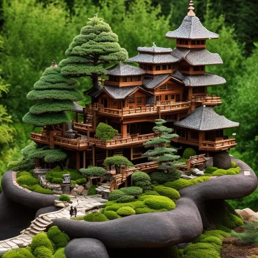 Prompt:  A wooden castle surrounded by green mound juniper bonsai trees, waterfall, rocks, walking path at sunset