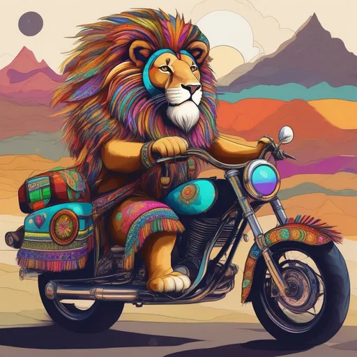 Prompt: an old furry lion wearing Psychedelic Ornaments. riding a big trail motorcycle.