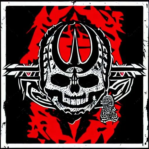 Prompt: tribal with black flag red and black, background in hell