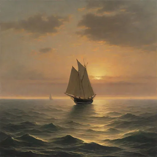 Prompt: open seas with a sloop sailing in the horizon, sundown