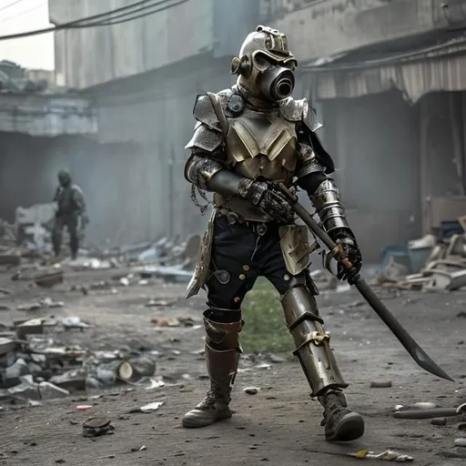 Prompt: Man wearing a metal gas mask, wearing makeshift armor, holding a makeshift axe made of scrap metal, Fighting against a soldier wearing high tech armor and wielding high tech weapons.
