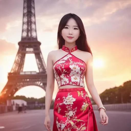 Prompt: Beautiful  Singaporean girl looking straight at the camera and walking towards the camera with beautiful  cheongsam. The skirt has an opening cut in the front . Background is the awesome Eiffel Tower at the center of the picture. Picture in the sunset. Photographic realistic.