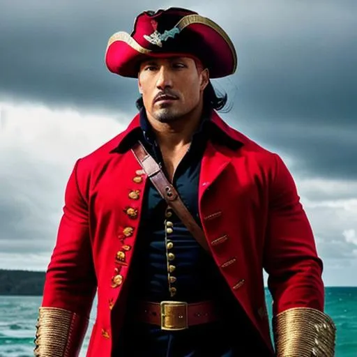 Prompt: Dwayne Johnson pirate captain long red coat