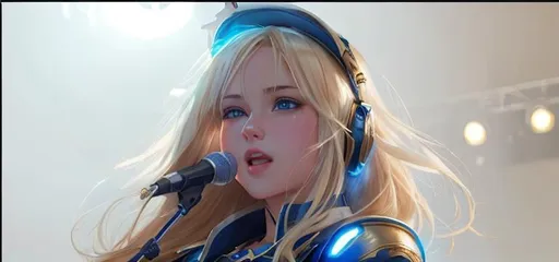 Prompt: A white girl with blonde hair and blue eyes,  singing on a stage with bright lights in front of a big audience, perfect features, extremely detailed, realistic. Krenz Cushart + loish +gaston bussiere +craig mullins, j. c. leyendecker +Artgerm. 
