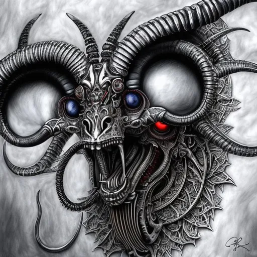 Prompt: create an air brushed picture of a hyper realistic ultra detailed photograph of a beautiful biomechanical baphomet goat skull, huge horns, long goatee, red eyes, chrome, metal, H. R. Giger art style, monochrome, industrial, biomechanical, chrome, H. R. Giger inspired, goat skull, highly detailed, 8K, UHD, exquisite detail, dirty, dark heavy metal, evil, baphomet, dark background, monochrome,