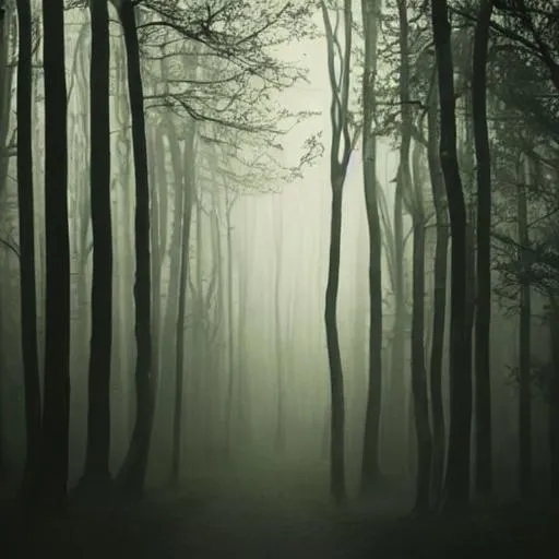 Prompt: Deep, olive green forest, misty, dark, black background, mysterious, heavy, drawing you in