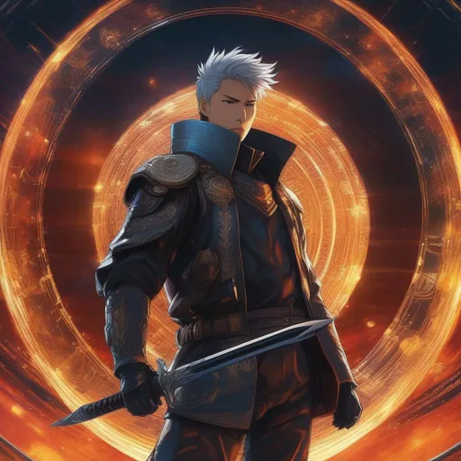 Prompt: {{anime cyberpunk swordsman standing in a ring of fire looking intently at the viewer}},  outer space background, highly detailed, hayao miyazaki