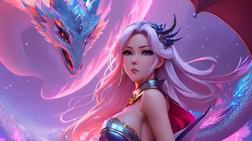 Prompt: there is a woman with a dragon like head and a dragon like body, rossdraws 1. 0, inspired by rossdraws, rossdraws 2. 0, :: rossdraws, rossdraws 2. 5, detailed digital anime art, fantasy art style, 8k high quality detailed art, (huge breast: 1.9), stunning digital illustration, [ 4 k digital art ]!!