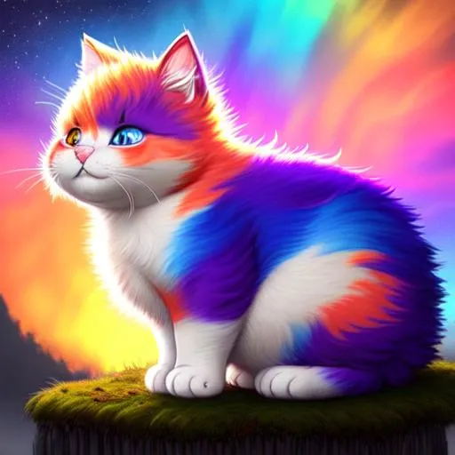 Prompt: landscape, half side view, wide view, 7 "colorful, proud, , "fat baby cat", with a halo" , glowing, realistic, spiked hair, fluffy, silky, furry, backlit, warm tones, night-sky, moss, indigo, cream, coral, bone-white, photorealistic eyes, : ornate, dynamic, particulate, intricate, elegant, highly detailed, artstation, airbrush, acrylic on paper, volumetric lighting, occlusion, smooth, sharp focus, 128K UHD octane render, w more d etail.