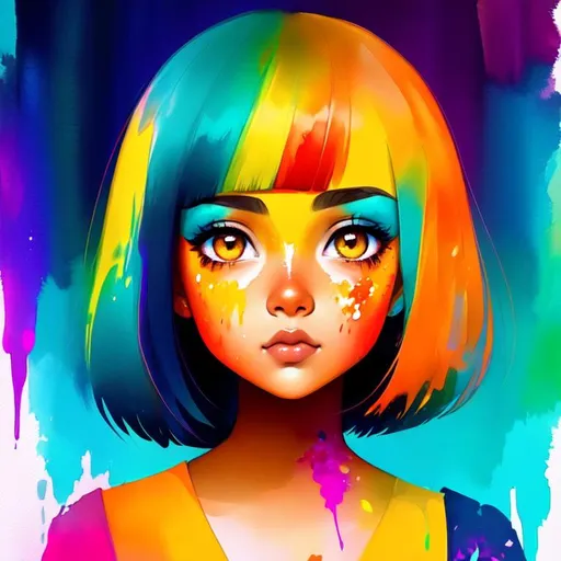 Prompt: A girl, digital watercolor painting, paint splatter, bold brush strokes, dark skin, teal orange yellow, symmetrical, adorable, cute, Pixar style painting