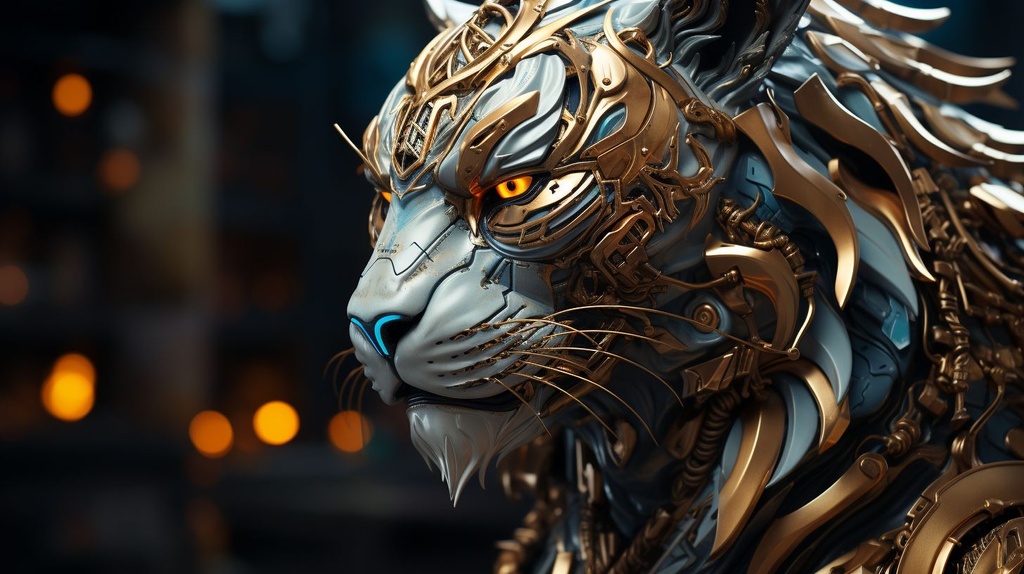 Prompt: golden tiger, in the style of mechanized abstraction, photorealistic portraiture, 8k resolution, hans zatzka, body extensions, matte photo, close-up