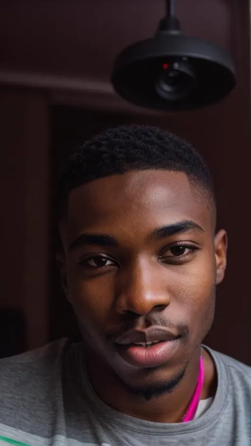 Prompt: A 20 year old black handsome Nigerian boy smirking with short curled hair and black eyes with a pointed nose and hairy eyebrow with pink lower lip and brown upper lip with a cyberpunk background, super highly detailed, intricate details, 8k, Ultra HD, Professional, Sharp focus, studio photo, Render, Realism 