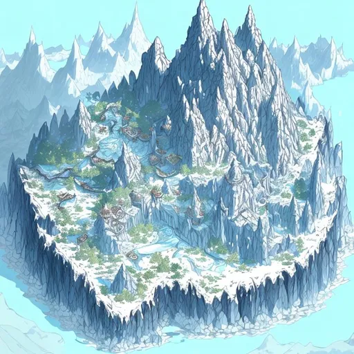Prompt: a top down dnd map of a flying mountain covered in snow and ice with a boreal forest on the side of it. a large castle sits atop the peak. in an high saturated anime style. blues and whites