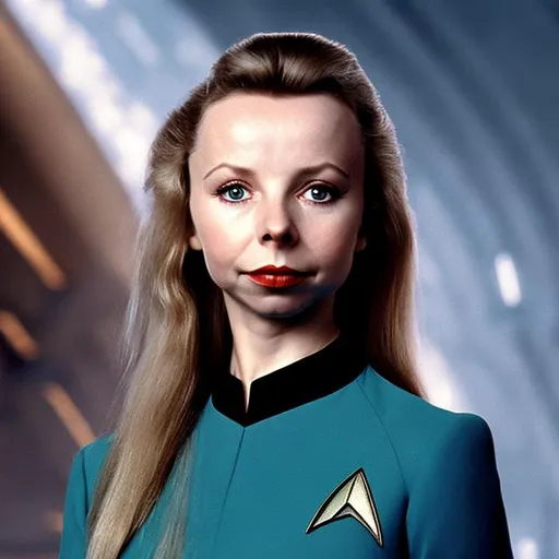 Prompt: A portrait of Lalla Ward, wearing a Starfleet uniform, in the style of "Star Trek the Next Generation."