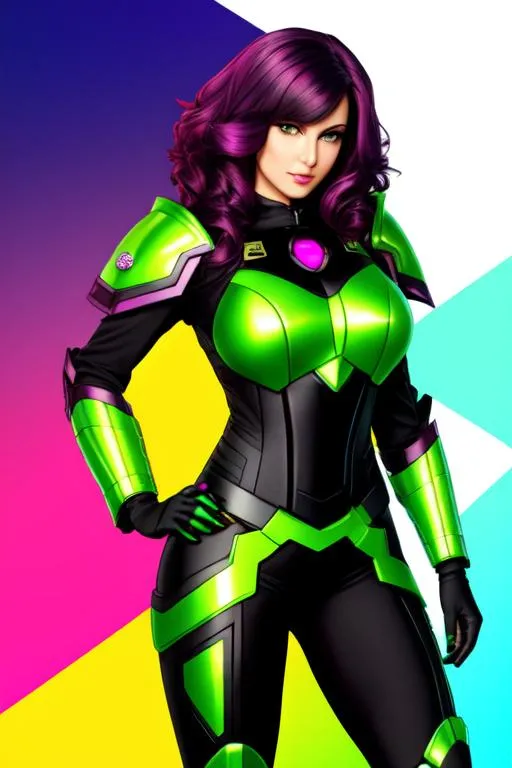 Prompt: american woman, full body, dark magenta hair, green and yellow science fiction armor