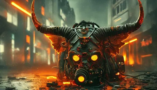 Prompt: Demon, horns, mask, headphones, hoodie, cyberpunk apocalypse, fire , sci fi, ruins, blood, midnight, 8k, highest quality, orange green black grey orange, sharp focus, studio photo, intricate details, highly detailed, UHD, HDR, 8K, ((Masterpiece))