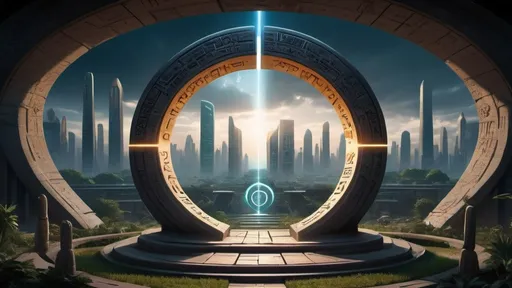 Prompt: magical portal between cities realms worlds kingdoms, circular portal, ring standing on edge, upright ring, freestanding ring, hieroglyphs on ring, complete ring, ancient babylonian architecture, gardens, turned sideways view, futuristic cyberpunk tech-noir setting