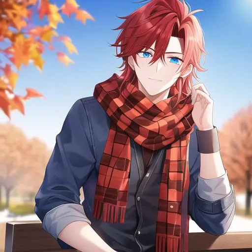 Prompt: Zerif 1male (Red side-swept hair covering his right eye, blue eyes), highly detailed face, wearing a cozy flannel shirt and a pair of stylish jeans. In the park, fall.  wearing a scarf, looking up at the sky, in a pumpkin patch, adult. Handsome,  detailed, UHD, HD, 4K, highly detailed, red haze, masculine, anime style