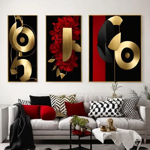 Prompt:  Wall art black, gold and red