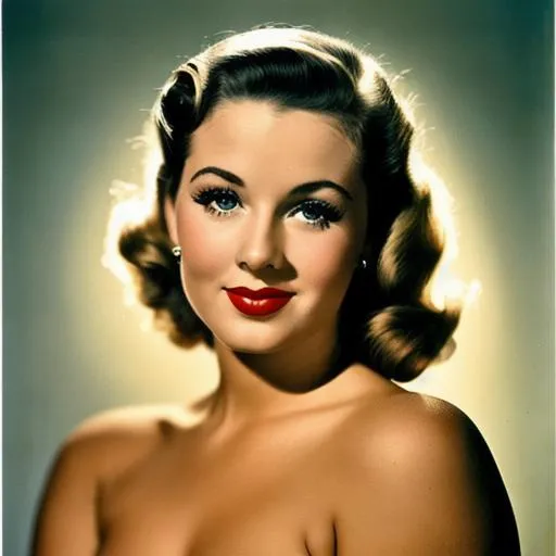 Prompt: Portrait of a 1940's pin-up model with light hair and eyes