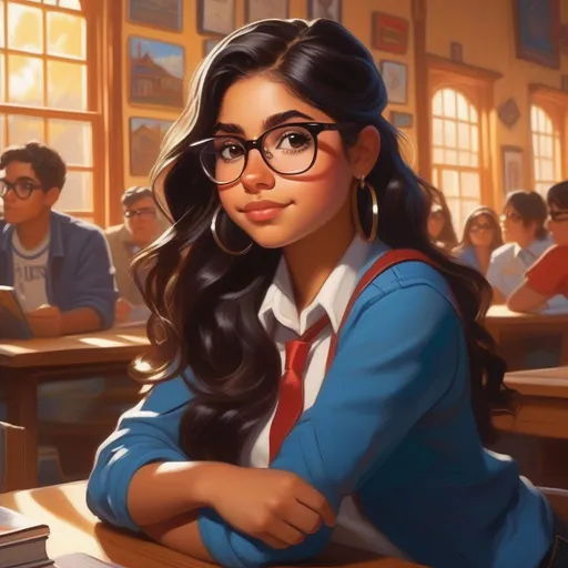 Prompt: Nerdy Latina girl in Bully: Scholarship Edition, cartoony, sunny atmosphere, extremely detailed painting by Greg Rutkowski and by Henry Justice Ford and by Steve Henderson