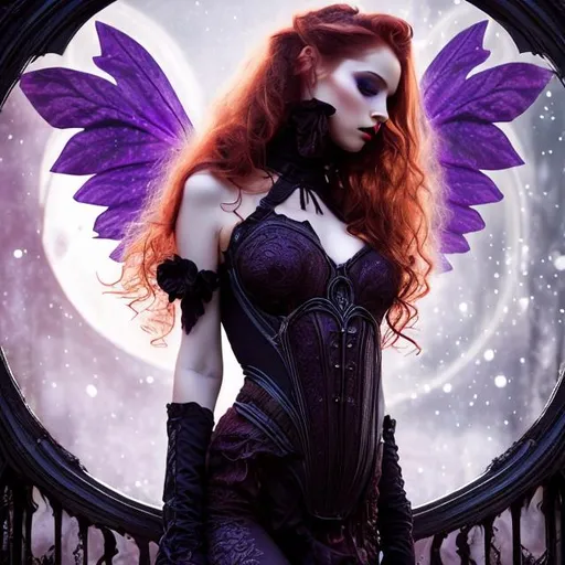 Prompt: HD 4K 3D Stunning, magic, cinematic potrait of gothic nymph, long, curly redhead hair, purple light, sunstrails, perfect female beauty, intricate, pale traslucent skin, magic, rich black dress, ethereal, stunning, gorgeous body, gorgeous eyes