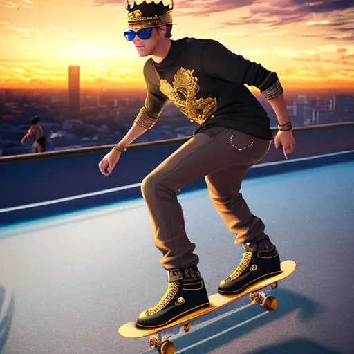 Prompt: cool guy, 3d render, realistic, perfect, 8k, skating on golden skateboard, diamond crown, full view, skate park background, 
full details, sunset background, detailed face, cool glasses, perfect, light reflection, cute, above the clouds, crown on head,