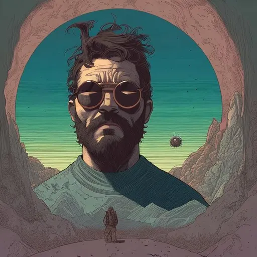 Prompt: make it so I can see mans face as he hikes / man and large dog / hiking in beautiful rocky mountains / hiking towards mountain vista / man is dark haired bearded and has small round glasses / mans face visible to viewer / hiking into sunset / illustration style / style of Mœbius / style of jean giraud