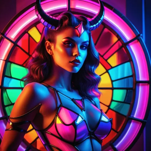 Prompt: a beautiful female demon in a dynamic pose in a retro futuristic synthwave cyberpunk neon paradise.  neon lighting, high quality, beautiful, masterpiece, artistic, synthwave, cyber, retro, futuristic