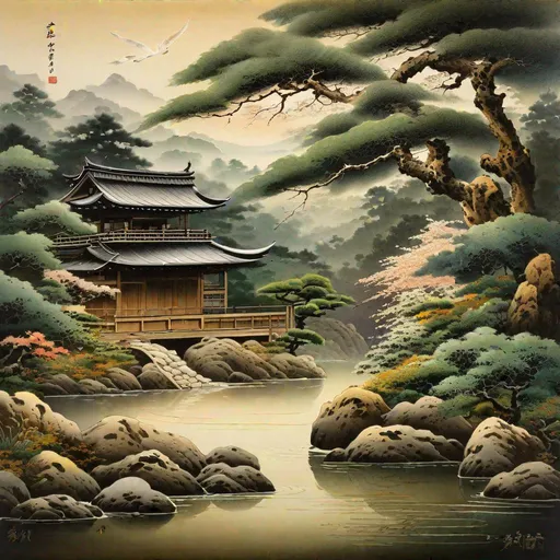 Prompt: "Japanese zen garden, beautiful, detailed, naturalistic painting, Enzan-Shijou-style, by Maruyama Masataka | centered"