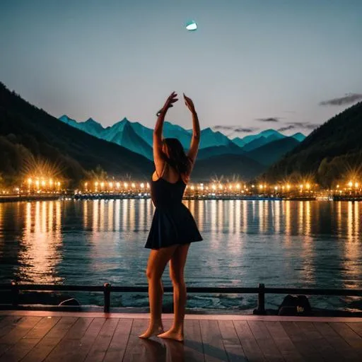 Prompt: A girl dancing on the stage of the river beach with light and candles in the night with rose and. One girl more are singing on the stage with mountain and moon