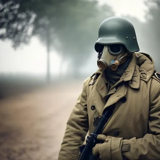 Prompt: Soldier wearing gas mask while in a trench