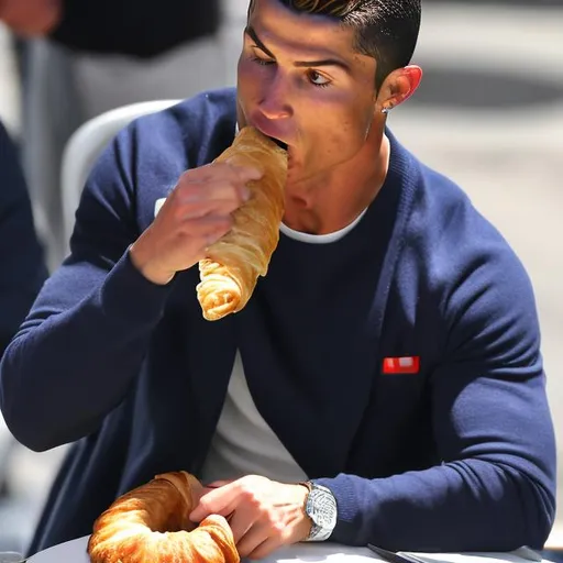 Prompt: Cristiano Ronaldo eating a croissant
