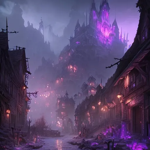 Prompt: extreme long shot concept art depicted old mountain town, necromancer village, dark fantasy, arcanepunk, arcane purple and pink glow, dark ambiance, art by Cédric Peyravernay and HR Giger