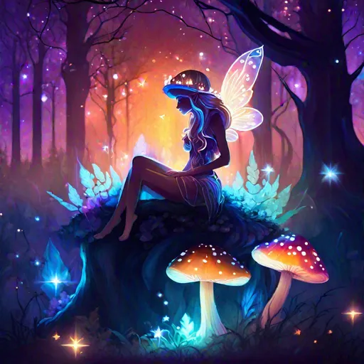 Prompt: An elegant translucent faerie that is glowing, sitting under a mushroom, beneath the stars, sunset, magic forest background, highres, best quality, concept art