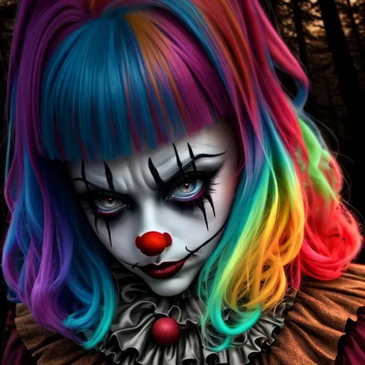 Prompt: ominous, sinister, Devastated Miserable Sad 3D HD Tragic Bum filthy {Clown}Female, hyper realistic, 4K expansive forest background --s99500