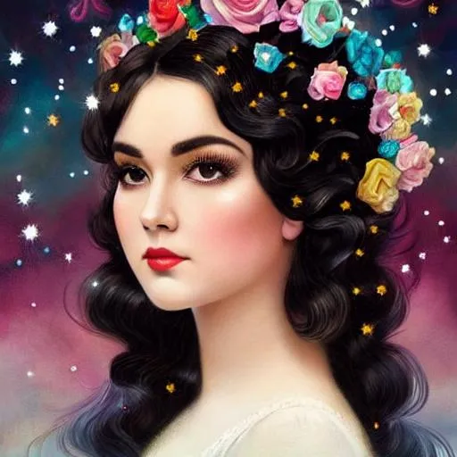 Prompt: Sasha Gray in profile with a complex hairstyle with lots of stars on her hair and curls, by Mab Graves, Mary Cassatt, character portrait, dreamlike, smooth, sharp focus, HQ, illustration, digital painting, highly detailed, trending on artforum, artstation hq, behance hd