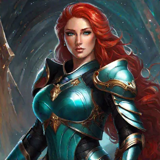 Prompt: Female feminine woman with long red hair and aqua colored siren eyes, queen, empress, space fantasy, sci-fi, semi-realistic art style, curvy, black simple armor, warrior, 