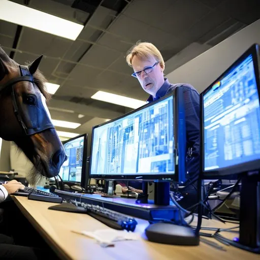 Prompt: Hans Vestberg wrangling a computer horse
