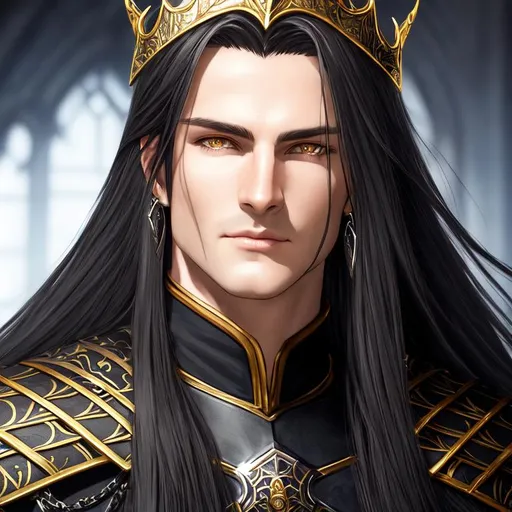 Prompt: Diablo. Close-up portrait of Gilthien. Throne room background. He is ethereal. He has black flowing hair. He has yellow eyes. He wears silver earrings. He has fair skin. He looks young. He has no facial hair. He is cleanshaven. He wears a dark crown over his black flowing hair. Wears dark armor, with silver accents. He has a shining silver halo. Dark room. Low light., Greg Rutkowski, John William Waterhouse, Alphonse Mucha. (vibrant colors:4), full hd, high quality, 4k, trending on artstation, oil painting, symmetrical, intricate, highly detailed, cell shaded