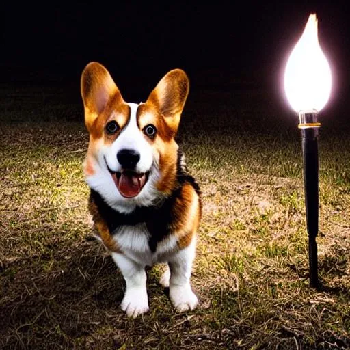 Prompt: corgi with a torchlight at night
