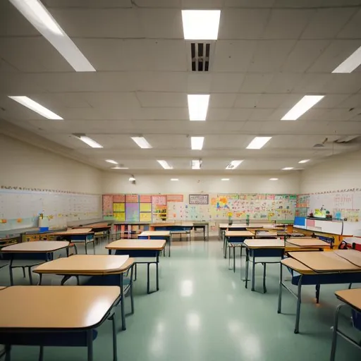 Prompt: An elementary school classroom with tile floor, cinder block walls, fluorescent lights, desks arranged in rows. 
